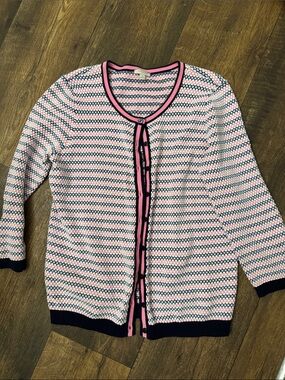 Talbots Pink and Navy Patterned Button-Front Cardigan